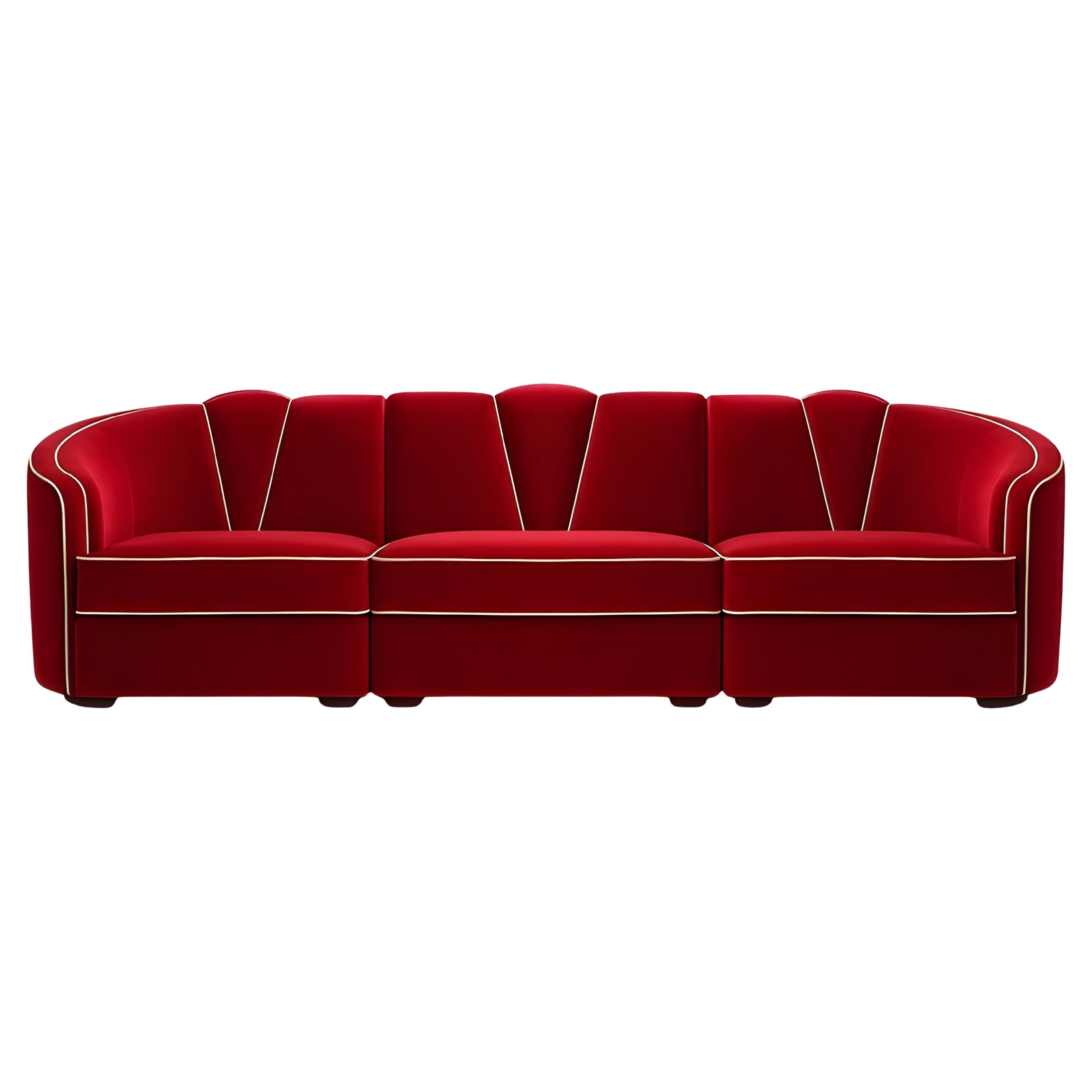 Art Deco Style Sectional Sofa in Ruby Red Velvet with Toned Piping