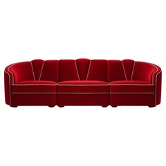 Art Deco Style Sectional Sofa in Ruby Red Velvet with Toned Piping