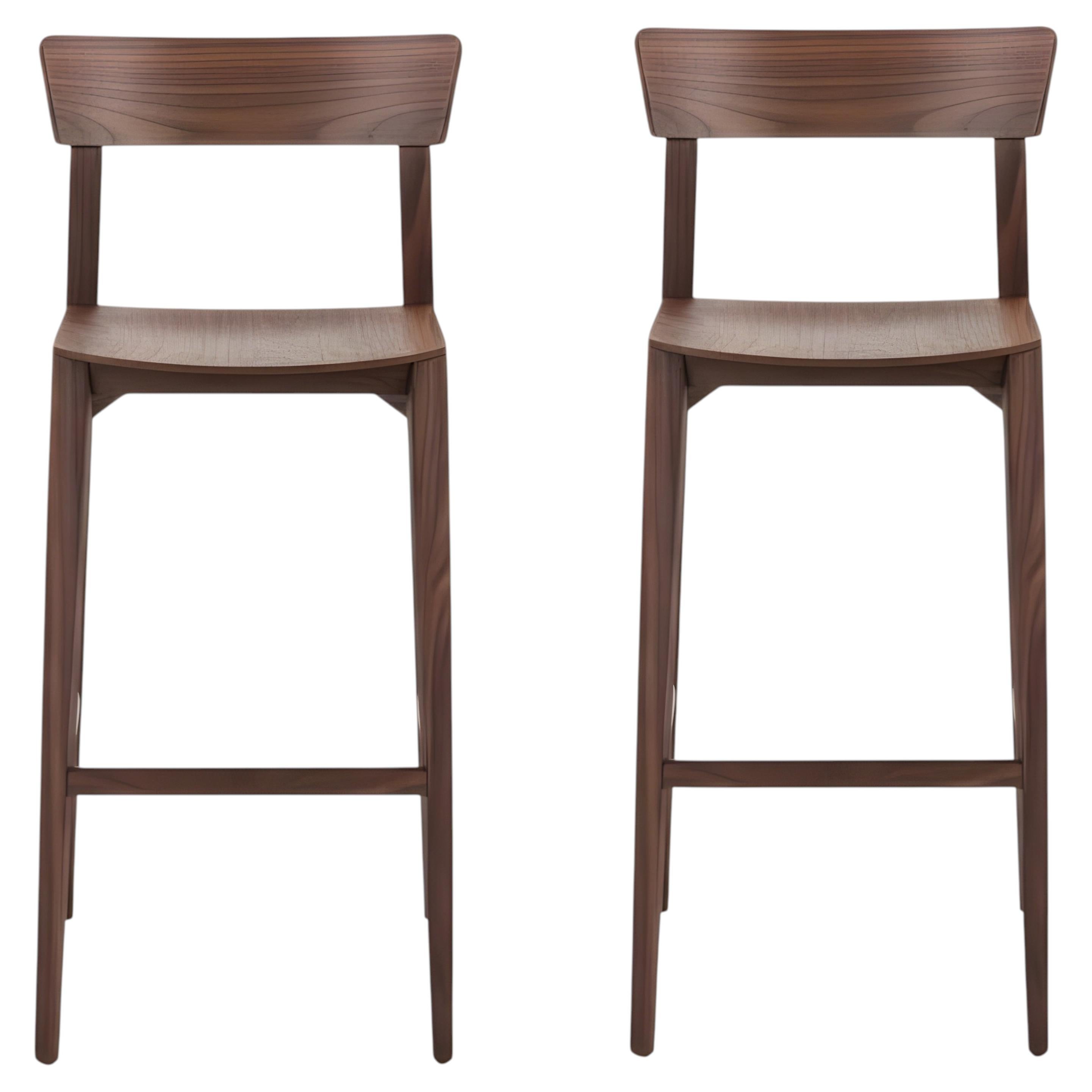 Set of Two Solid Walnut Bar Stools by Terry Dwan, Classic Bistro Style