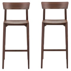 Set of Two Solid Walnut Bar Stools by Terry Dwan, Classic Bistro Style