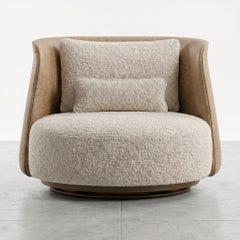 Lumière Swivel Lounge Chair in Embossed Leather and Ivory Bouclé