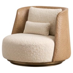 Lumière Swivel Lounge Chair in Embossed Leather and Ivory Bouclé