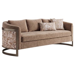 Contemporary Bronze-Framed Mushroom Velvet Sofa w/ Tropical Toile Textile Panels
