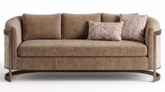 Contemporary Bronze-Framed Mushroom Velvet Sofa w/ Tropical Toile Textile Panels