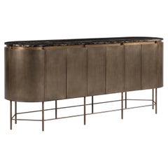 Buffet elliptique au design architectural, en laque métallisée bronze fumé et marbre
