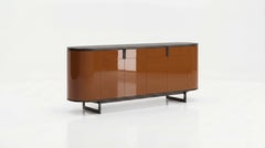 Modernist Curved Sideboard in Glossy Caramel Lacquer with Blackened Metal Base
