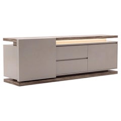 Architectural Sliding Sideboard in Eucalyptus Frisé and Greige Lacquer