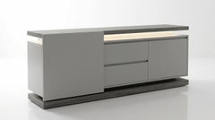 Architectural Sliding Sideboard in Eucalyptus Frisé and Greige Lacquer