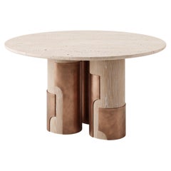 Contemporary Architectural Travertine Dining Table in Limed Oak & Aged Copper