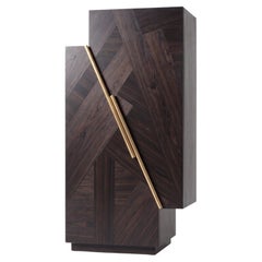Contemporary Sculptural Bar Cabinet in Geometric Ebony Wood Marquetry and Brass