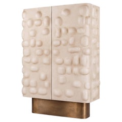 Contemporary 2-Door Cabinet in Hand-Plastered Wood with Aged Bronze Base