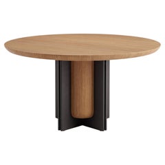 Contemporary Round Dining Table, Patinated Lacquer w Sculptural Geometric Base