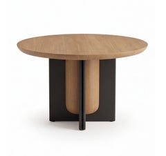 Contemporary Round Dining Table, Patinated Lacquer w Sculptural Geometric Base