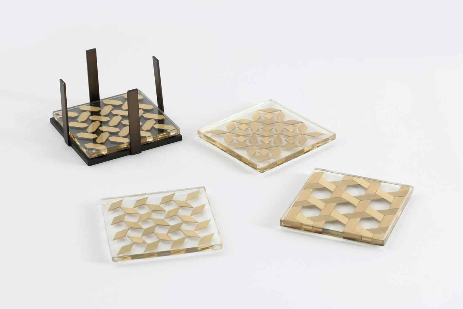 Modern Clear Coaster Set, Contemporary Coaster Set with Brass Inlay For Sale