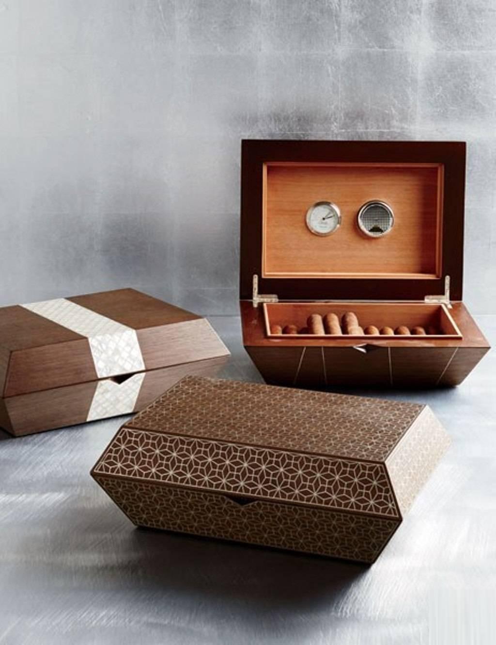 Modern Cigar Box, Contemporary Gift, Walnut with Mother-of-Pear Inlay