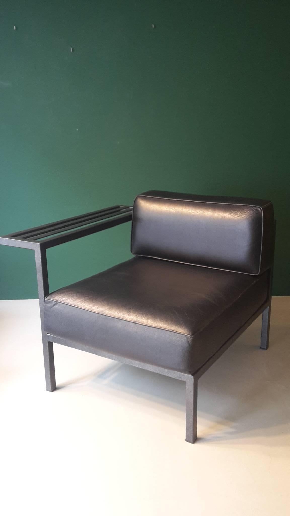 Metal 20th Century Pair of French Black Leather Armchairs-Loveseat from the 1980s For Sale
