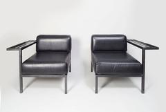 20th Century Pair of French Black Leather Armchairs-Loveseat from the 1980s