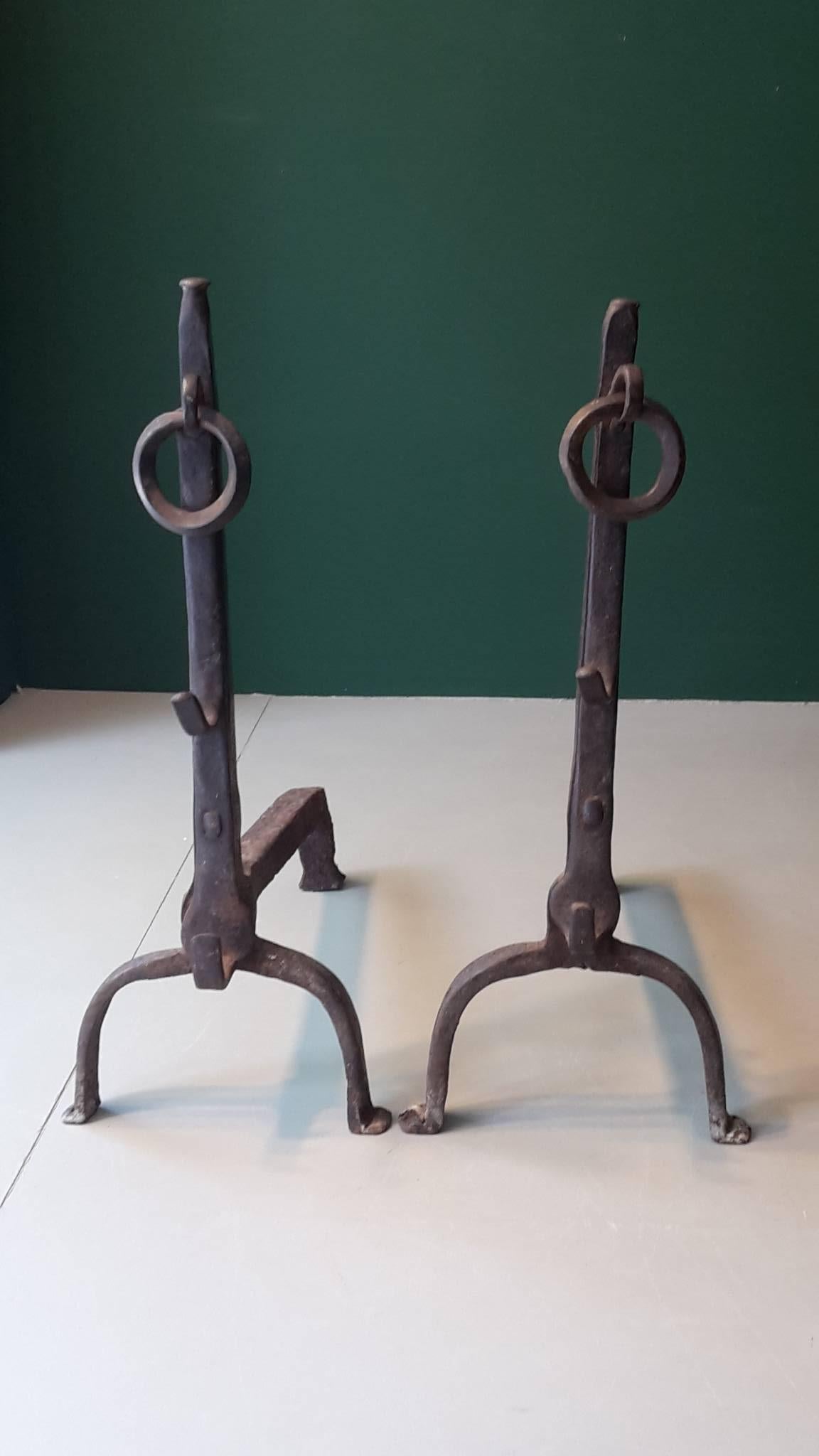 20th century pair of French andirons made of wrought iron from the, 1940s.