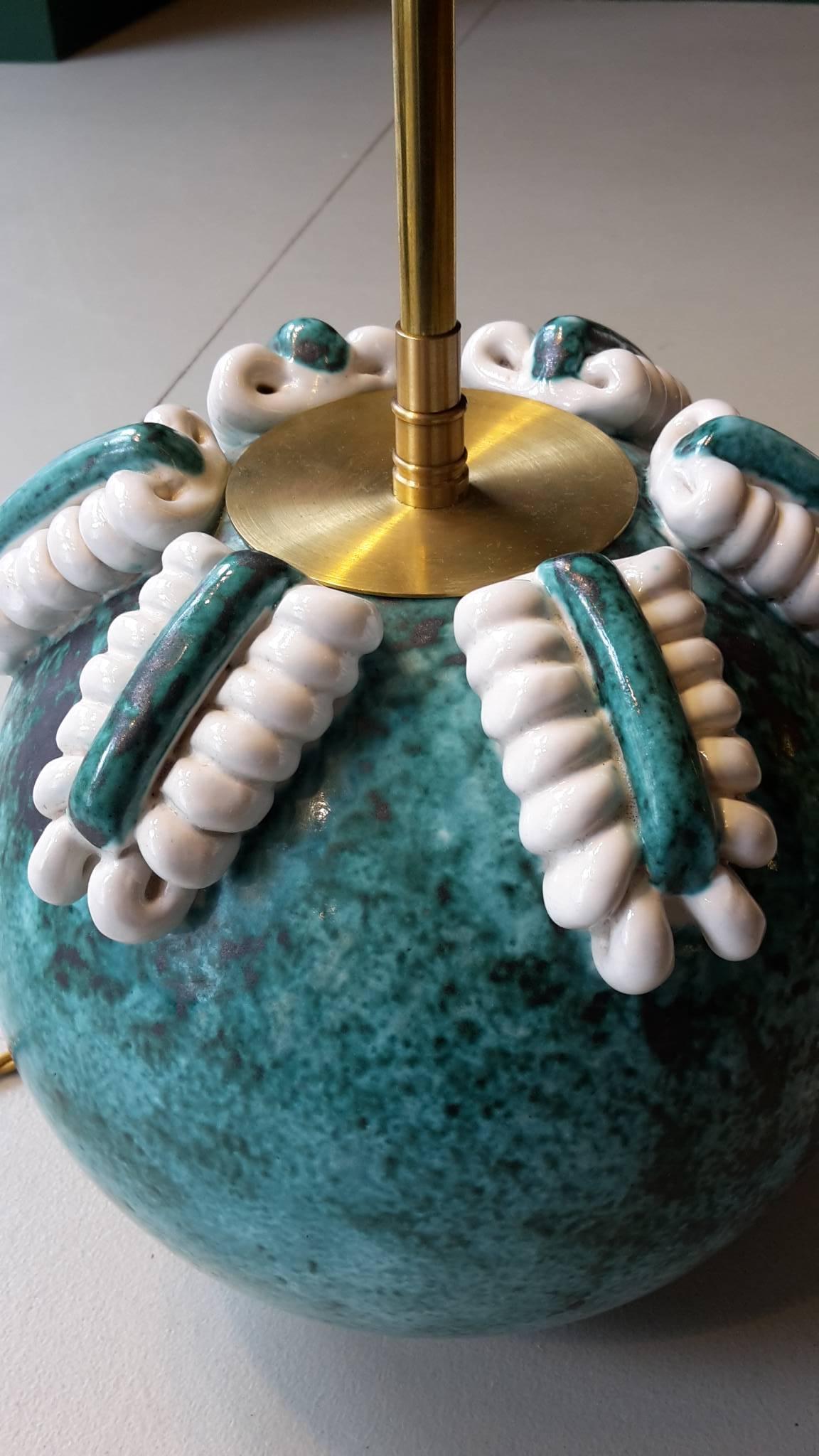 French Early 20th Century Art Deco Table Lamp Made of Turquoise and White Ceramic For Sale