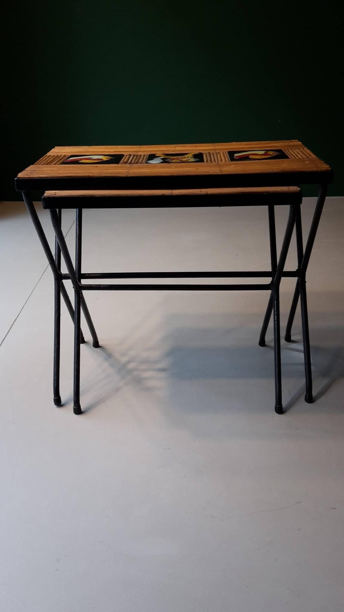 20th century French nest of table 1950s made of wicker and painted tiles.
