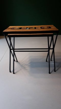 20th Century French Nest of Table 1950s Made of Wicker and Painted Tiles