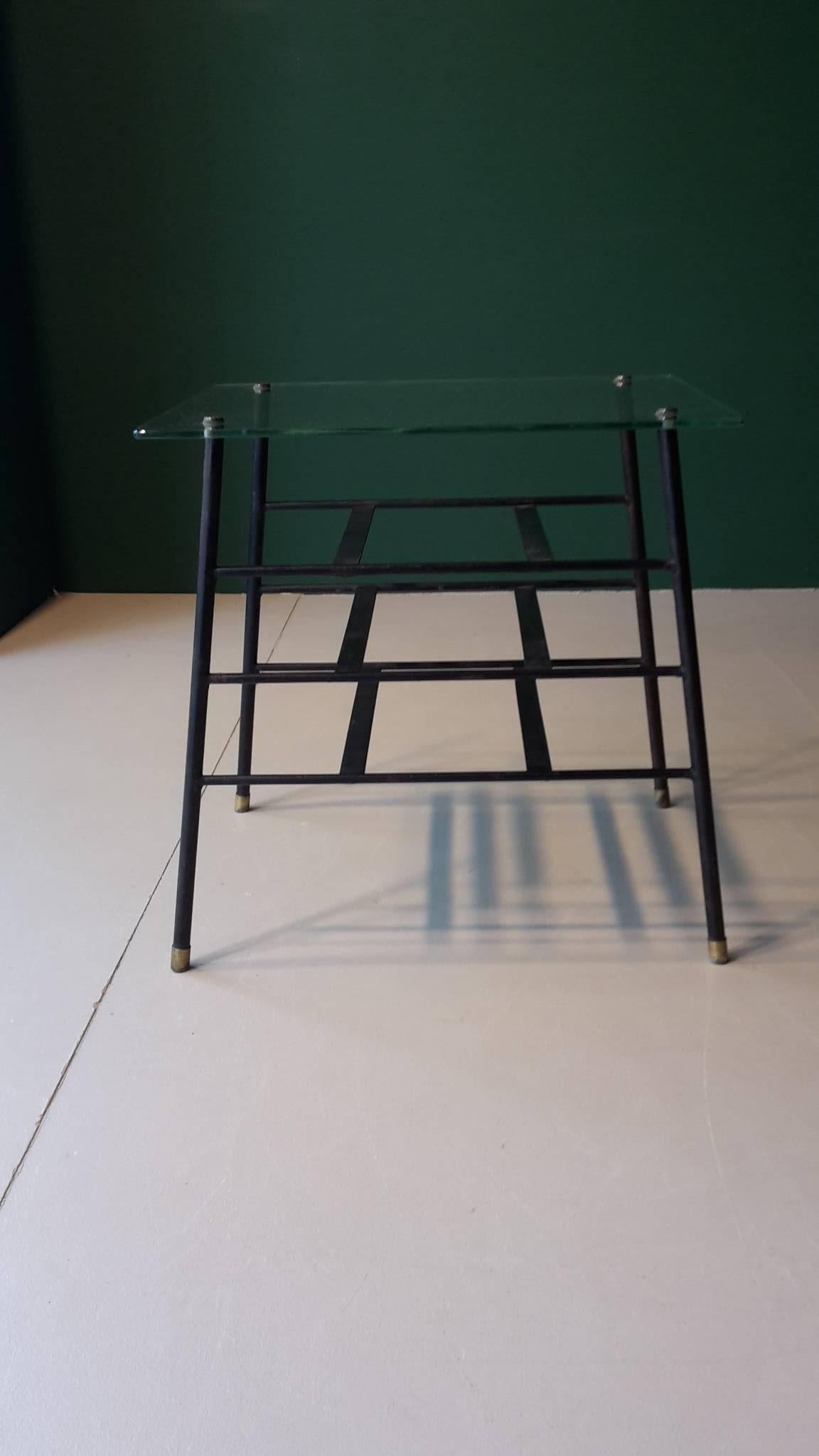 20th century French side table 1960s made of glass, brass and metal.