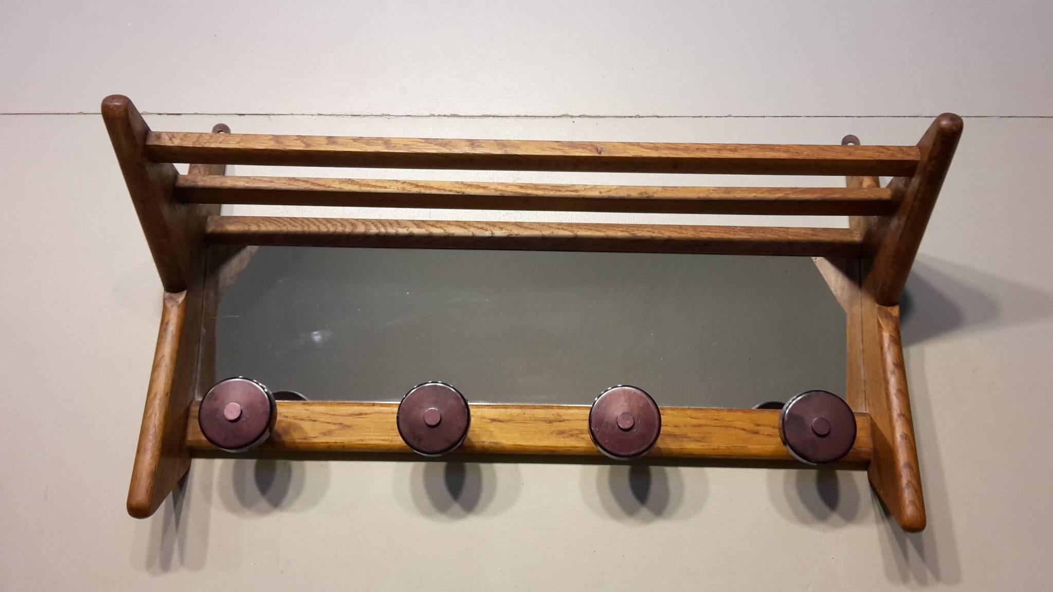20th century French wall coat rack made of oak by Guillerme and Chambron from the 1960s.