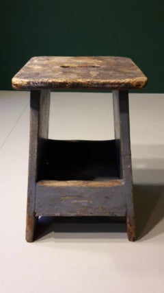 20th Century French Blue Stool with Handle Made of Wood, 1940s