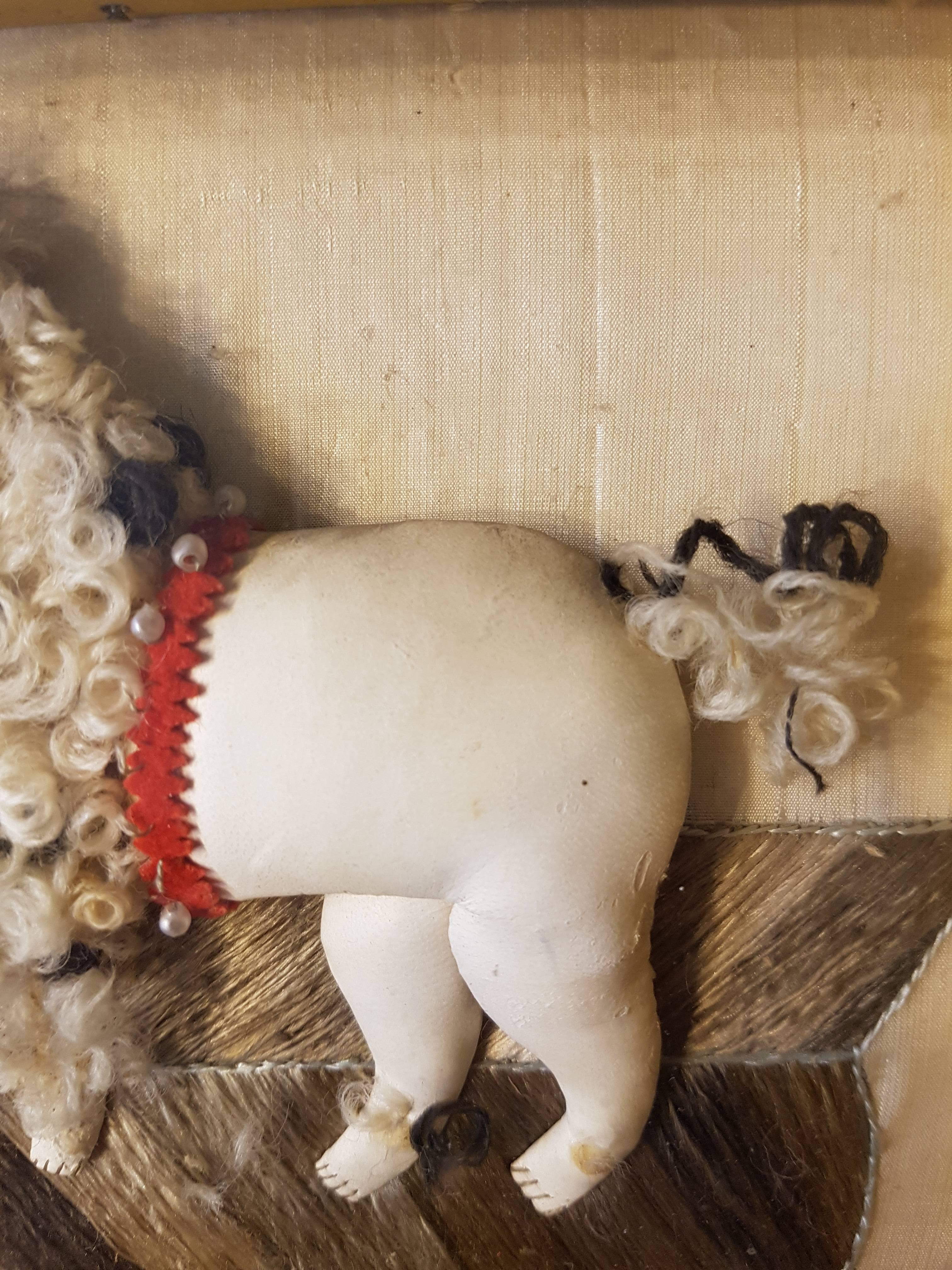 Late 19th Century French Framed Curiosity, Poodle Made of Leather, Wool, Pearls In Good Condition For Sale In Berlin, DE