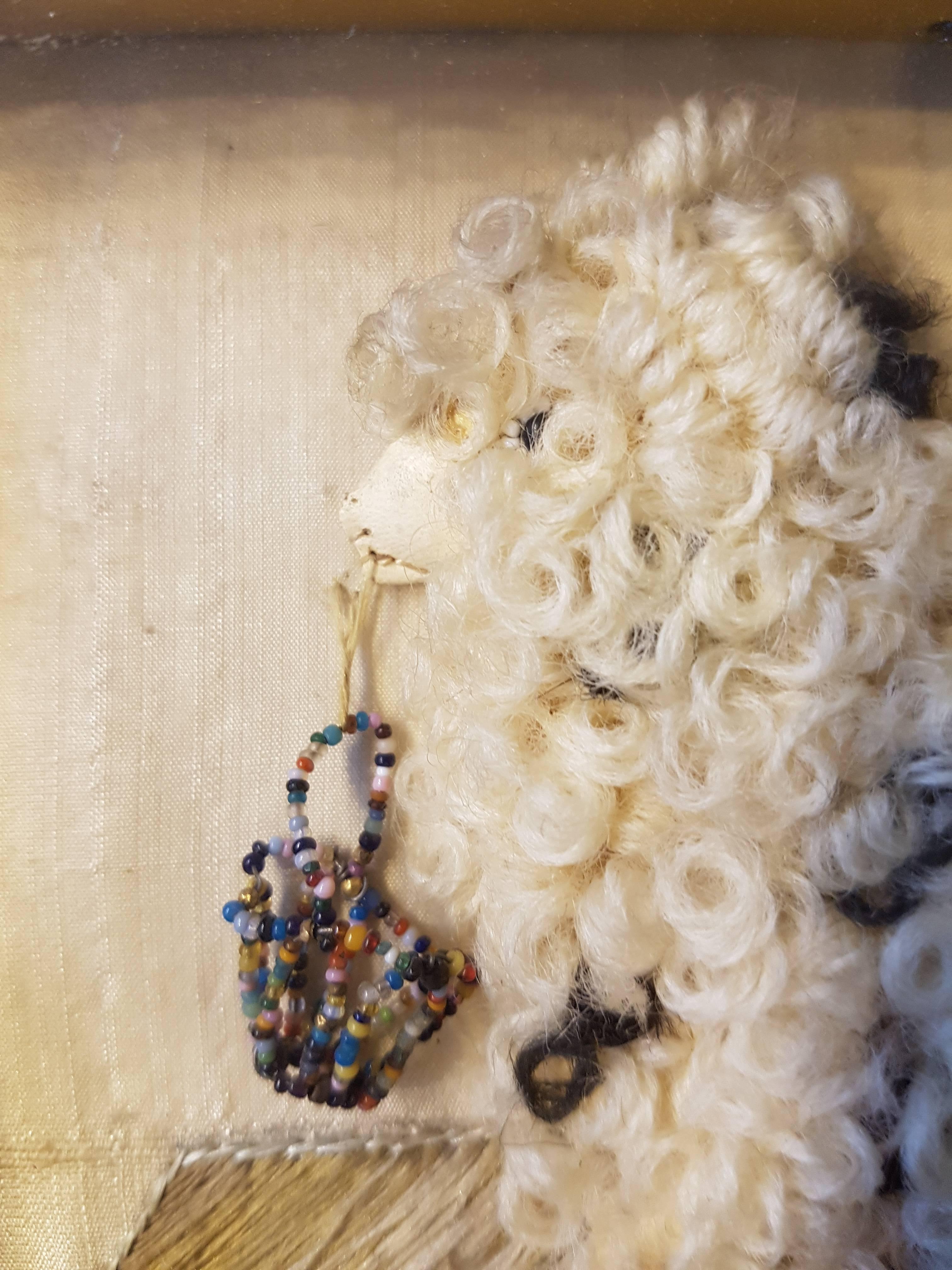 Late 19th Century French Framed Curiosity, Poodle Made of Leather, Wool, Pearls For Sale 1