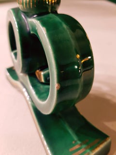 20th Century Pair of French Art Deco Green & Gold Candleholders Made of Ceramic