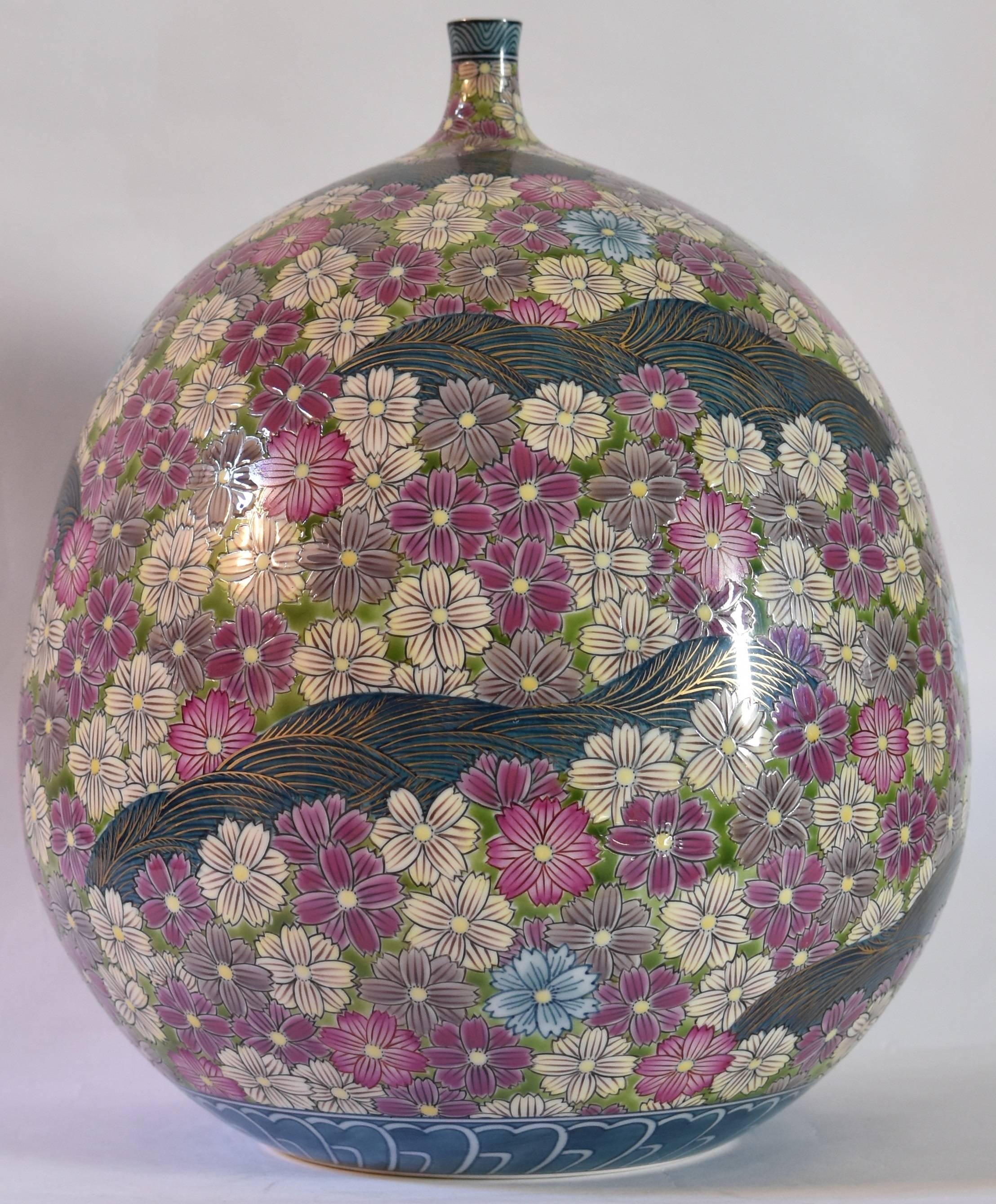 Gilt Japanese Contemporary Cream Purple Black Porcelain Vase by Master Artist