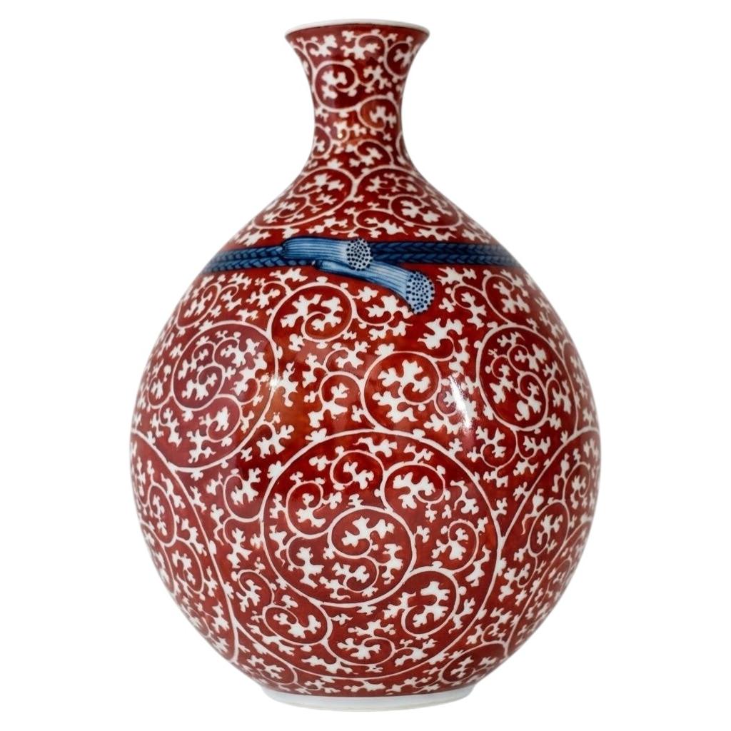 Japanese Contemporary Red White Porcelain Vase by Master Artist, 3 For Sale