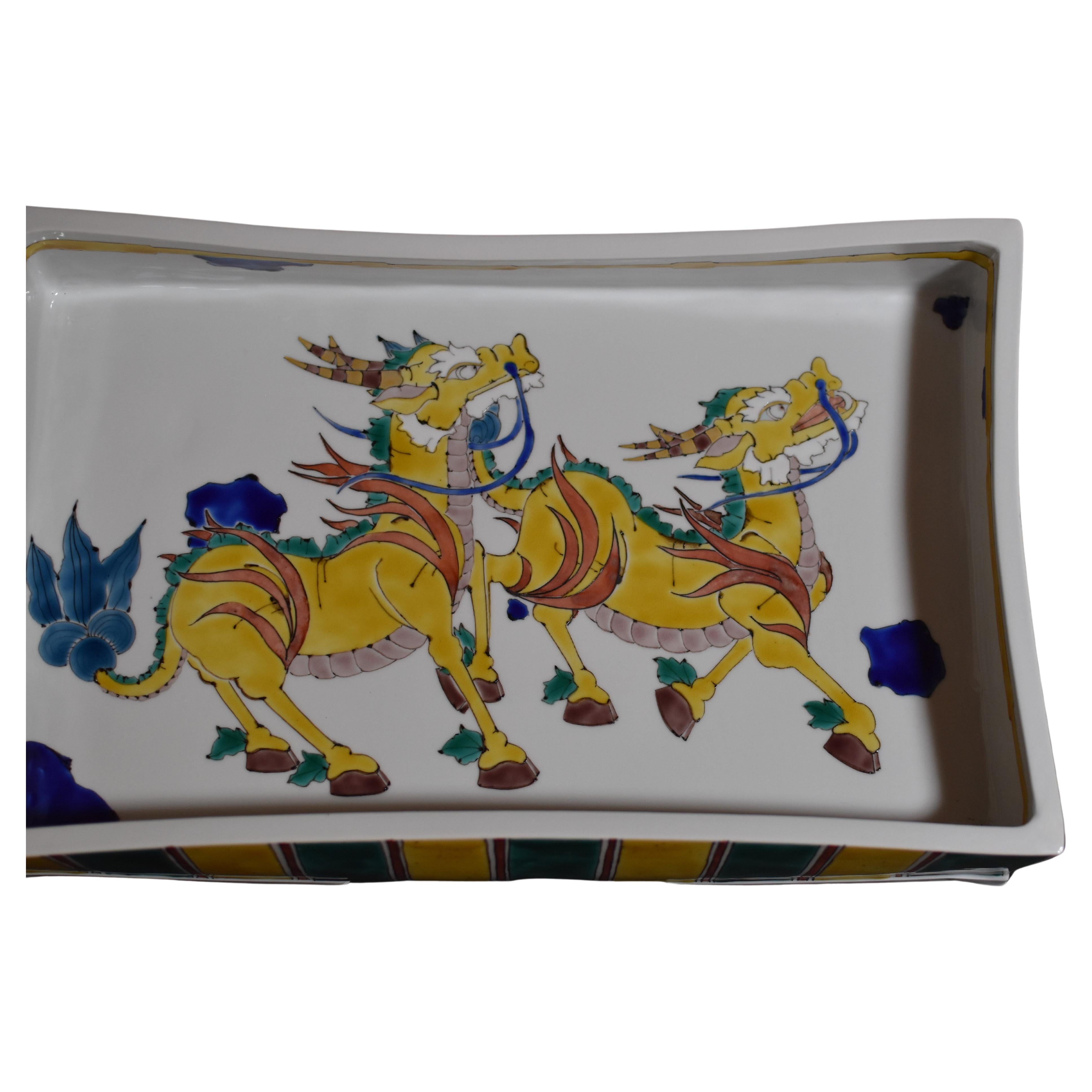 Meiji Japanese Contemporary Green Yellow  Porcelain Charger by Master Artist, 2