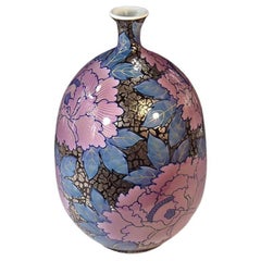 Japanese Contemporary Blue Pink Platinum Black Porcelain Vase by Master Artist