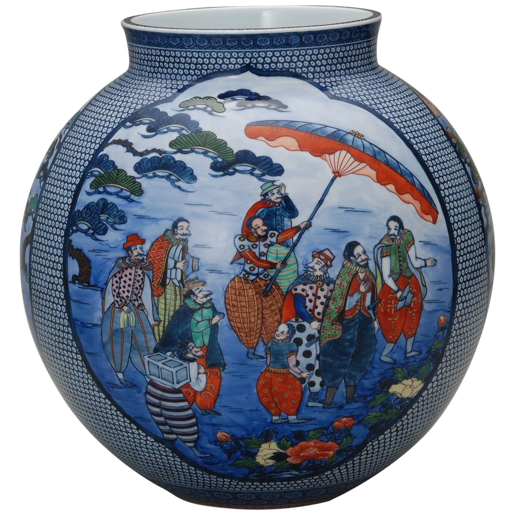 Hand-Painted Japanese Large Imari Hand Painted Blue Porcelain Vase by Master Artist, 2018