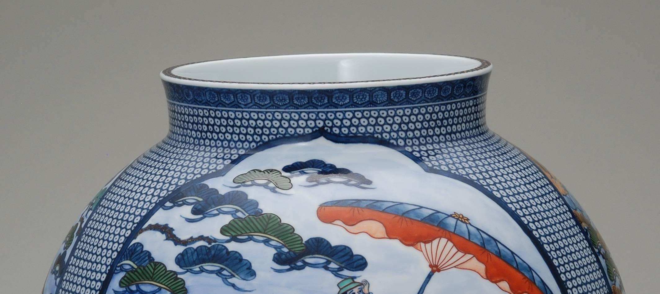 Contemporary Japanese Large Imari Hand Painted Blue Porcelain Vase by Master Artist, 2018