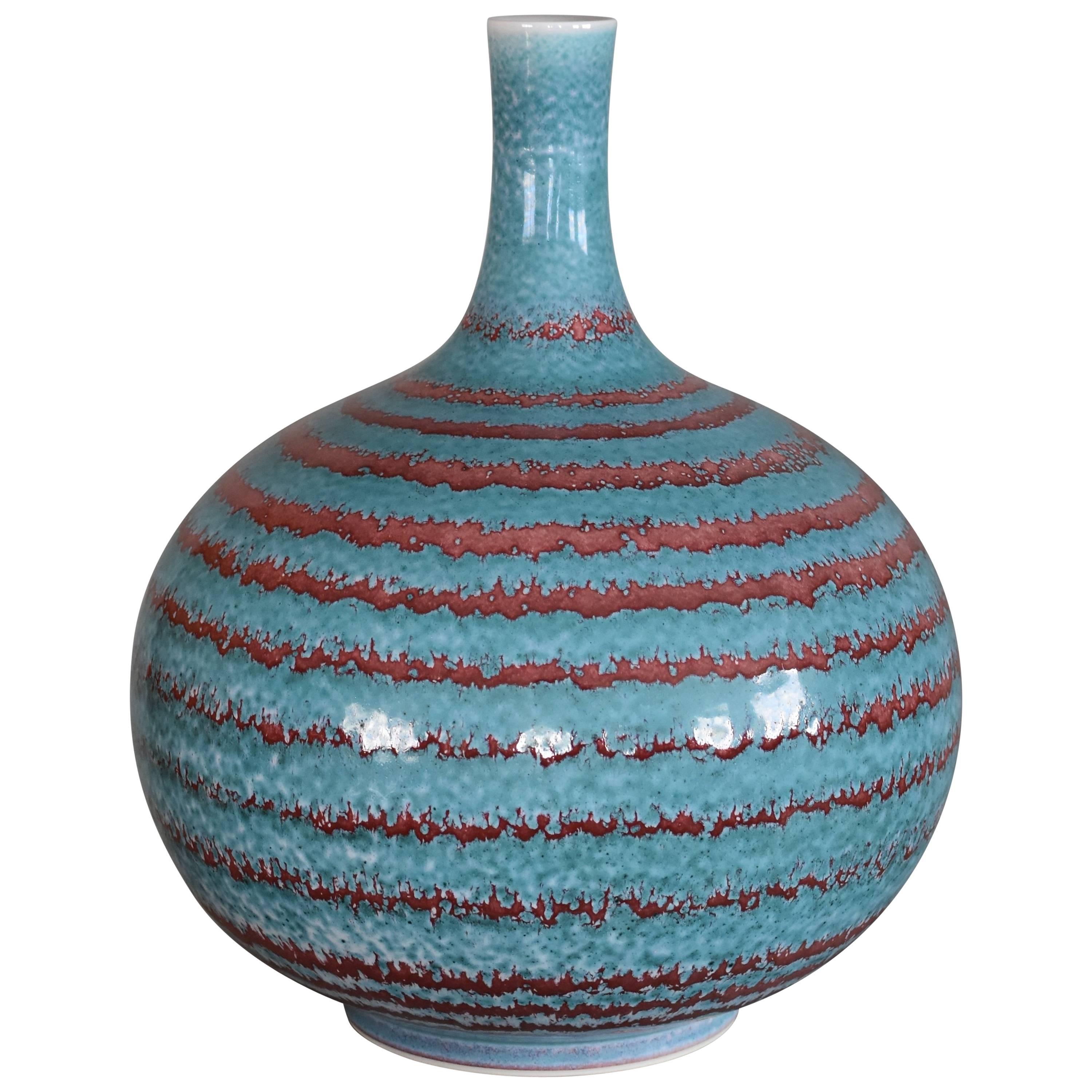 Japanese Large Hand-Glazed Imari Blue Red Porcelain Vase by Master Artist