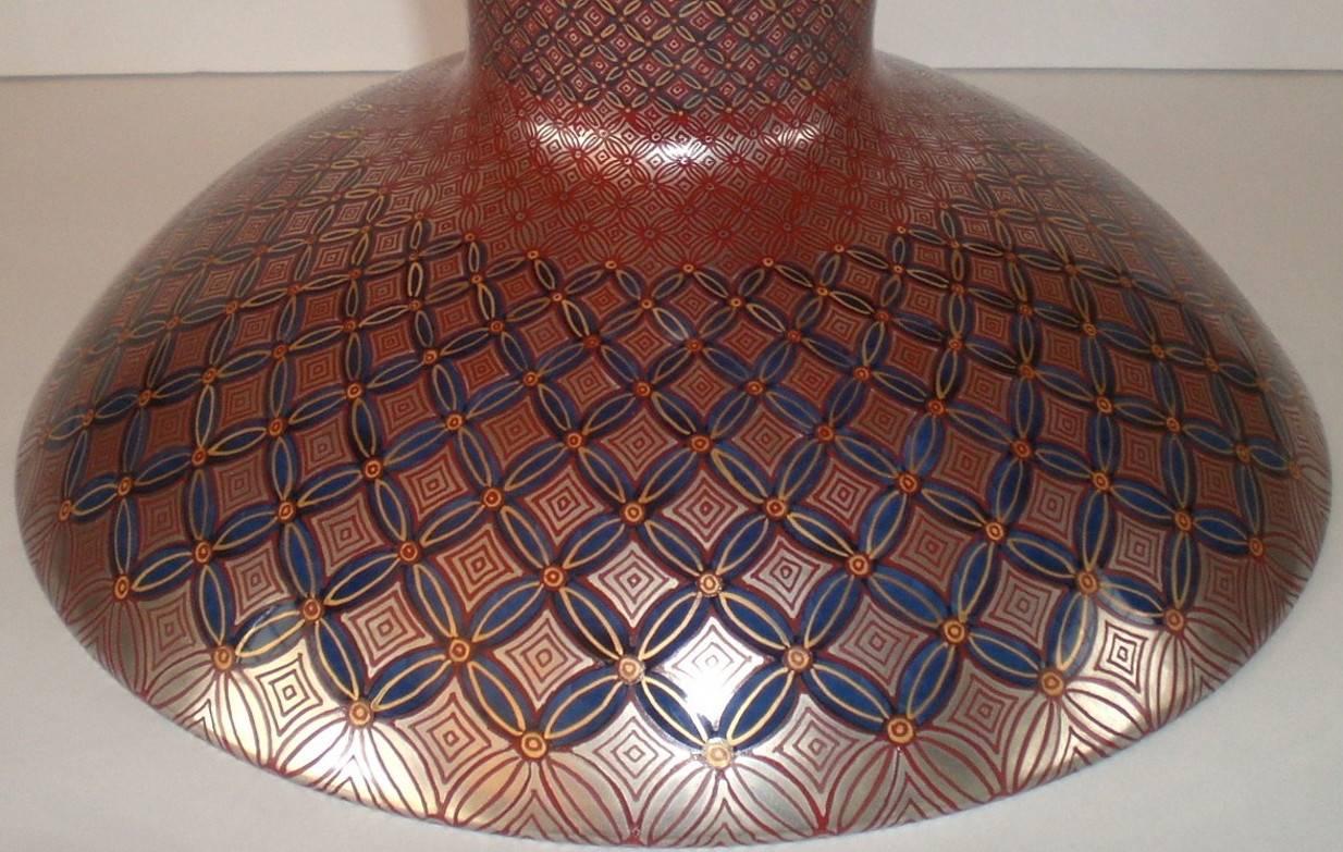 Contemporary Japanese Gilded Red Blue Imari Porcelain Bowl on Pedestal by Master Artist, 2018