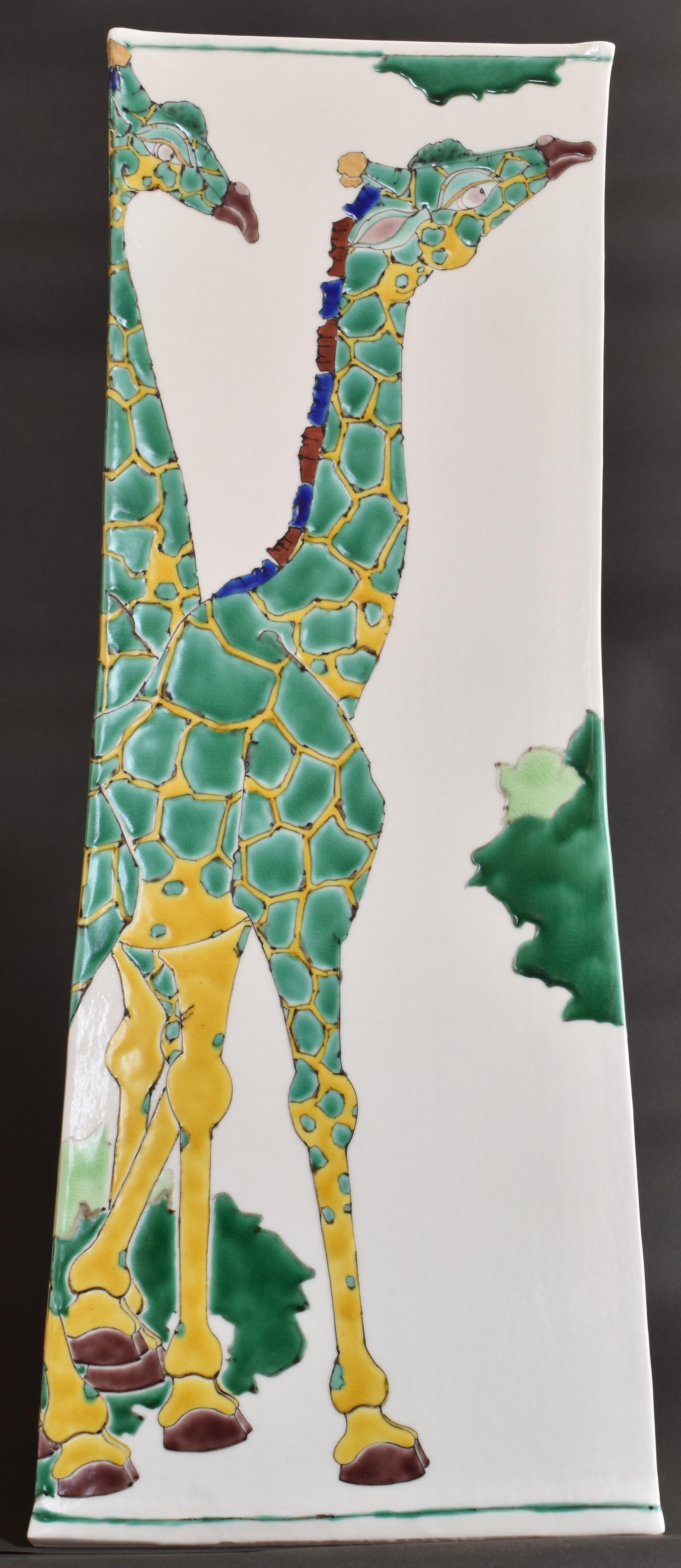Very large unique contemporary Japanese Kutani hand painted porcelain vase in a stunning unusual handcrafted rectangular shape body, with a unique interpretation of giraffes in vivid green and yellow. This is part of a series of this highly regarded
