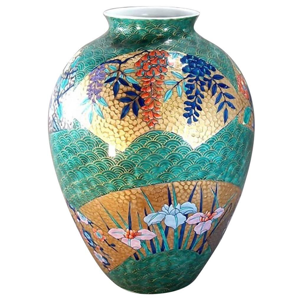  Large Green Gold Blue Porcelain Vase by Japanese  Master Artist