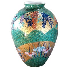 Large Green Gold Blue Porcelain Vase by Japanese  Master Artist