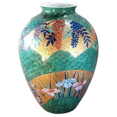  Large Green Gold Blue Porcelain Vase by Japanese  Master Artist