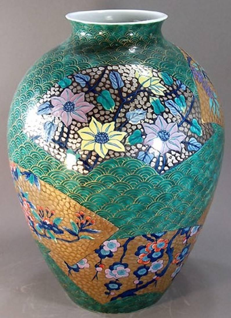 Hand-Painted  Large Green Gold Blue Porcelain Vase by Japanese  Master Artist