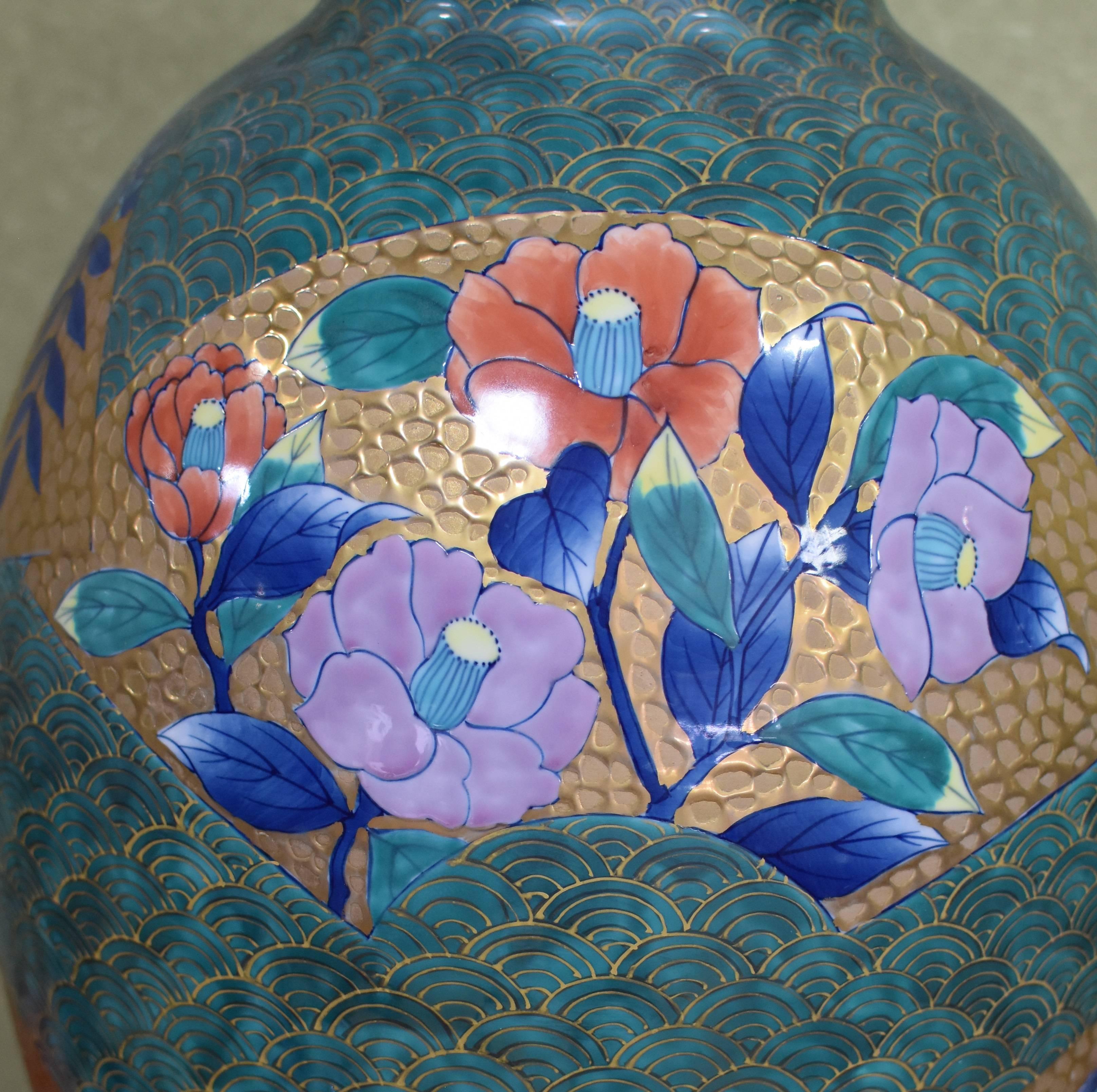  Large Green Gold Blue Porcelain Vase by Japanese  Master Artist 1