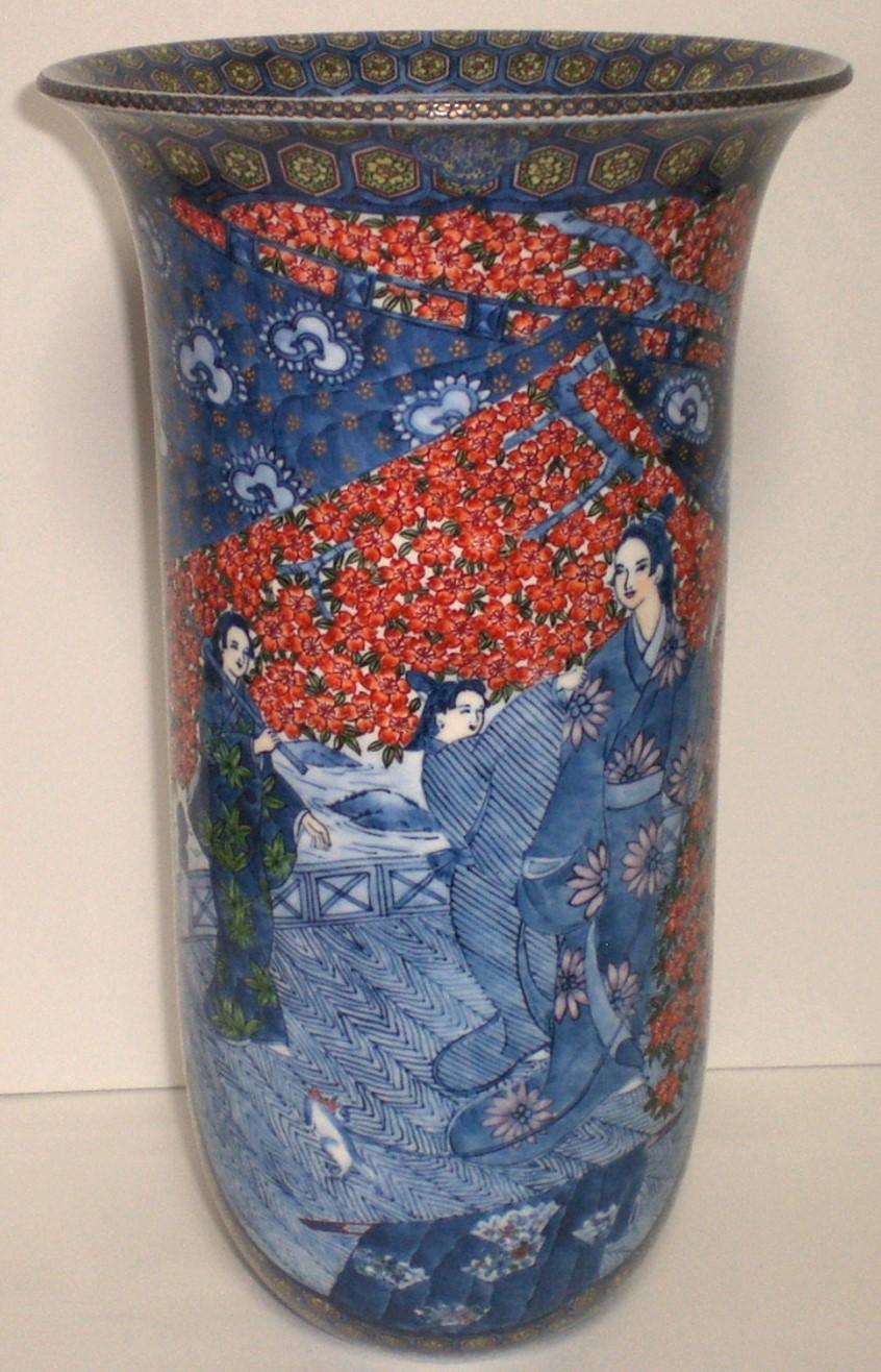 Hand-Painted Japanese Contemporary Large Red Blue Green Porcelain Vase by Master Artist