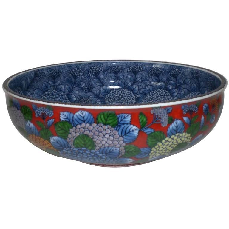 Cuenco Contemporáneo Japonés de Porcelana Roja Azul Blanca del Maestro Artista