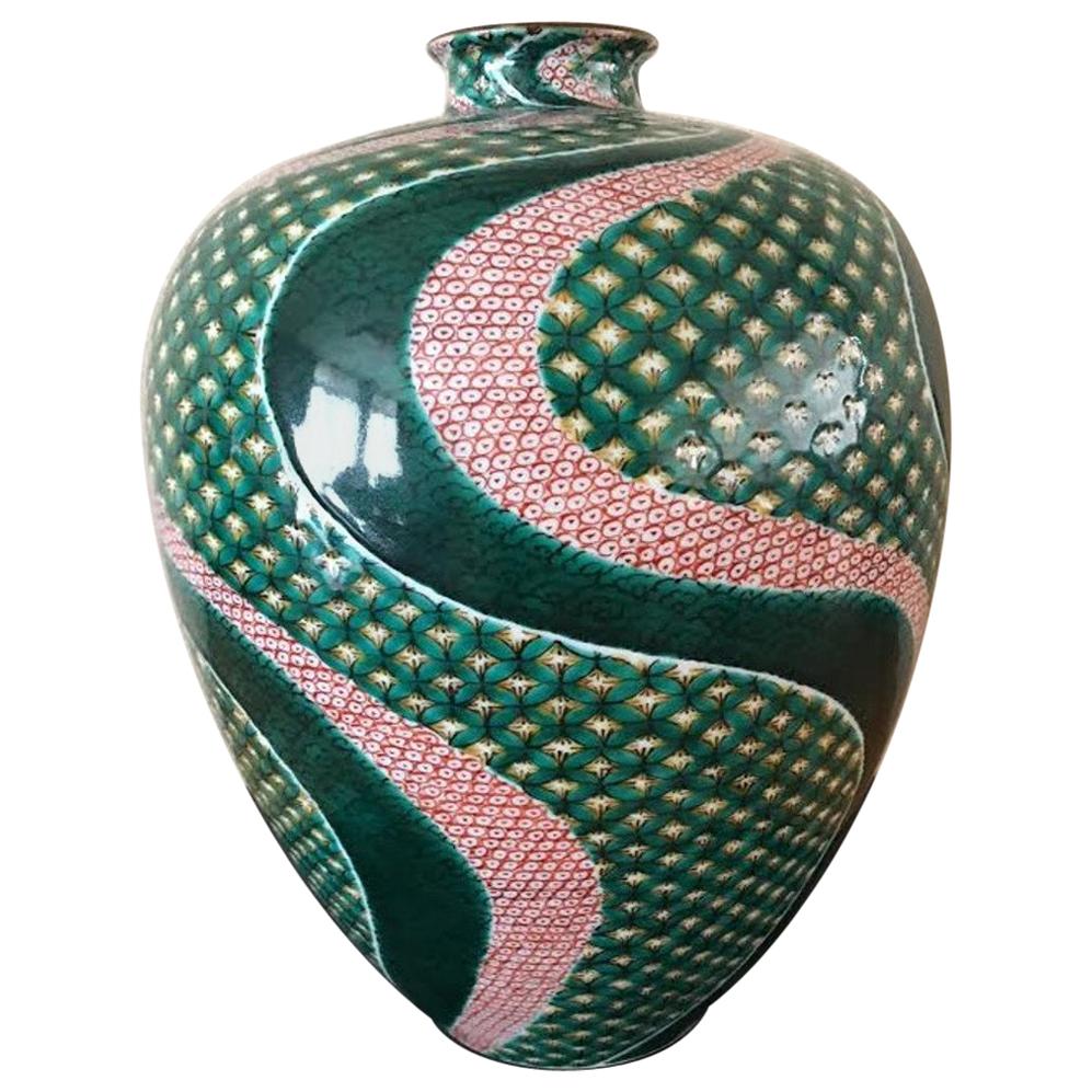 Japanese Contemporary Green Red Porcelain Vase by Master Artist