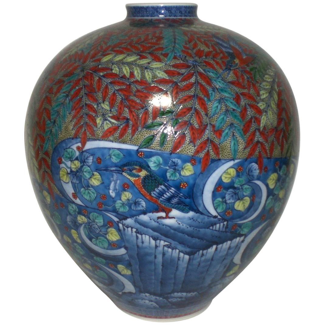 Blue Red White Porcelain Vase by Japanese Master Artist