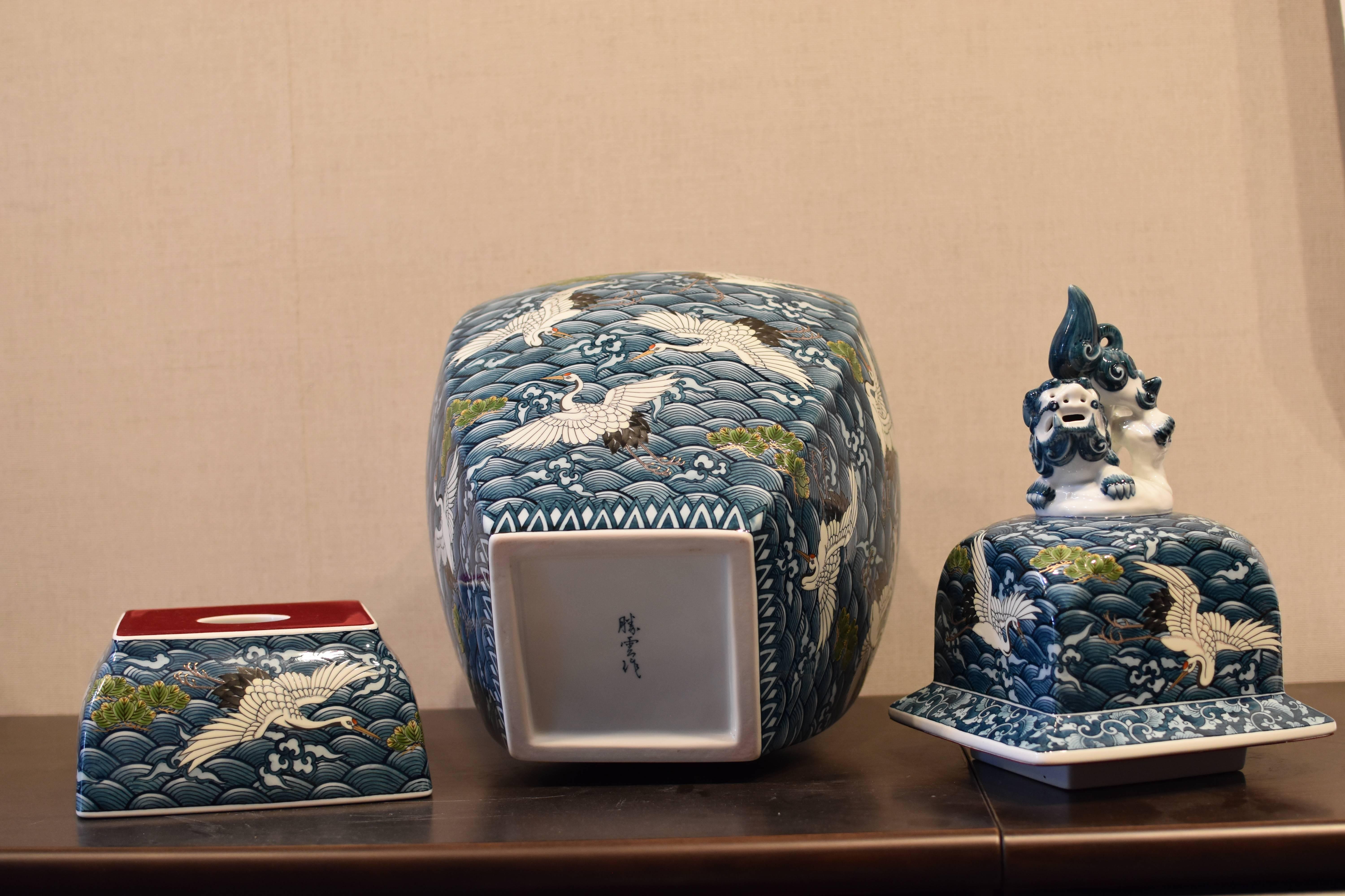 Porcelain Massive Japanese Blue Three-Piece Imari Lidded Temple Jar by Master Artist, 2016